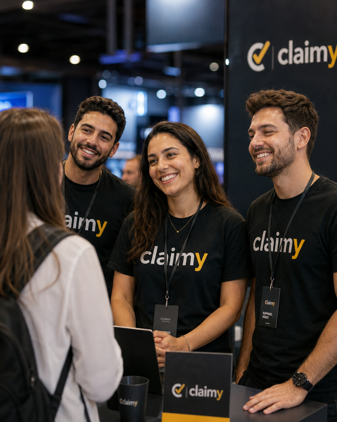 Equipe Claimy atendendo no estande da marca
