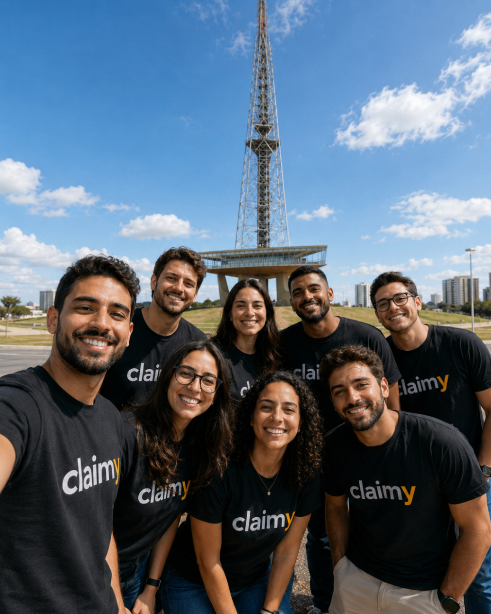 Equipe Claimy reunida em frente a um marco da cidade