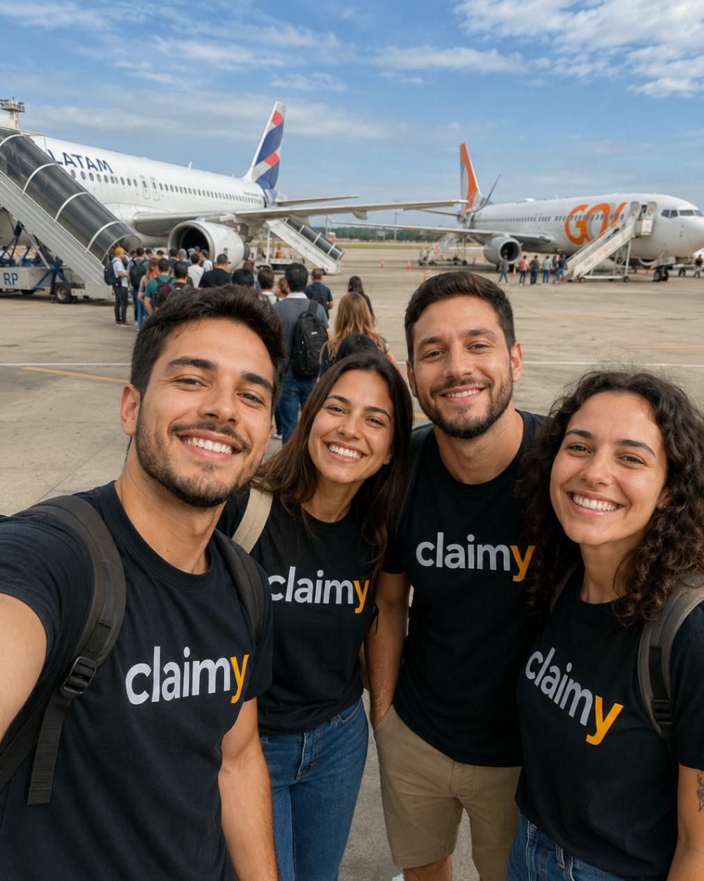 Equipe Claimy em selfie na pista do aeroporto