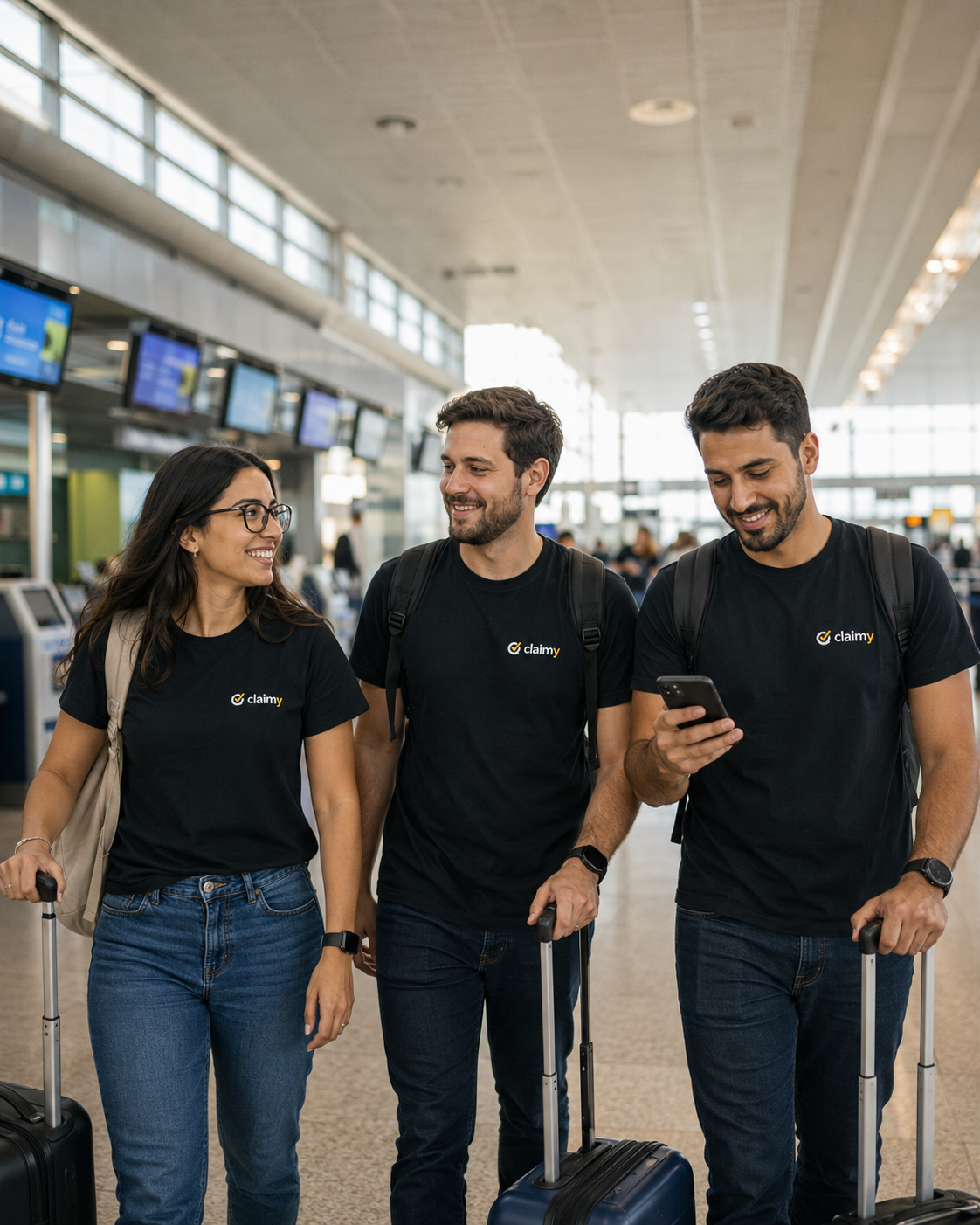 Equipe Claimy caminhando pelo aeroporto com malas